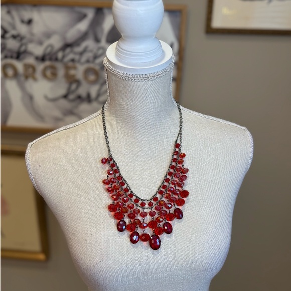 Elegant Dangling Red Beaded Bib Necklace - Picture 2 of 5